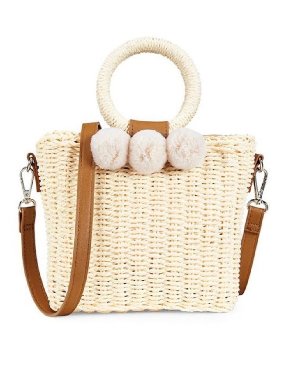 Collection 18 Straw Bucket Bag Woven Crossbody Pom Poms Purse Cream Summer